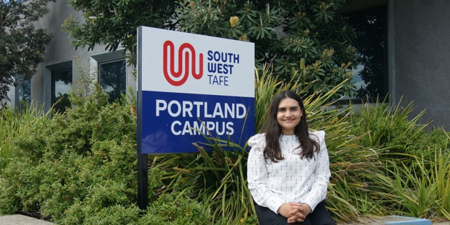 TAFE student in front of Portland Campus