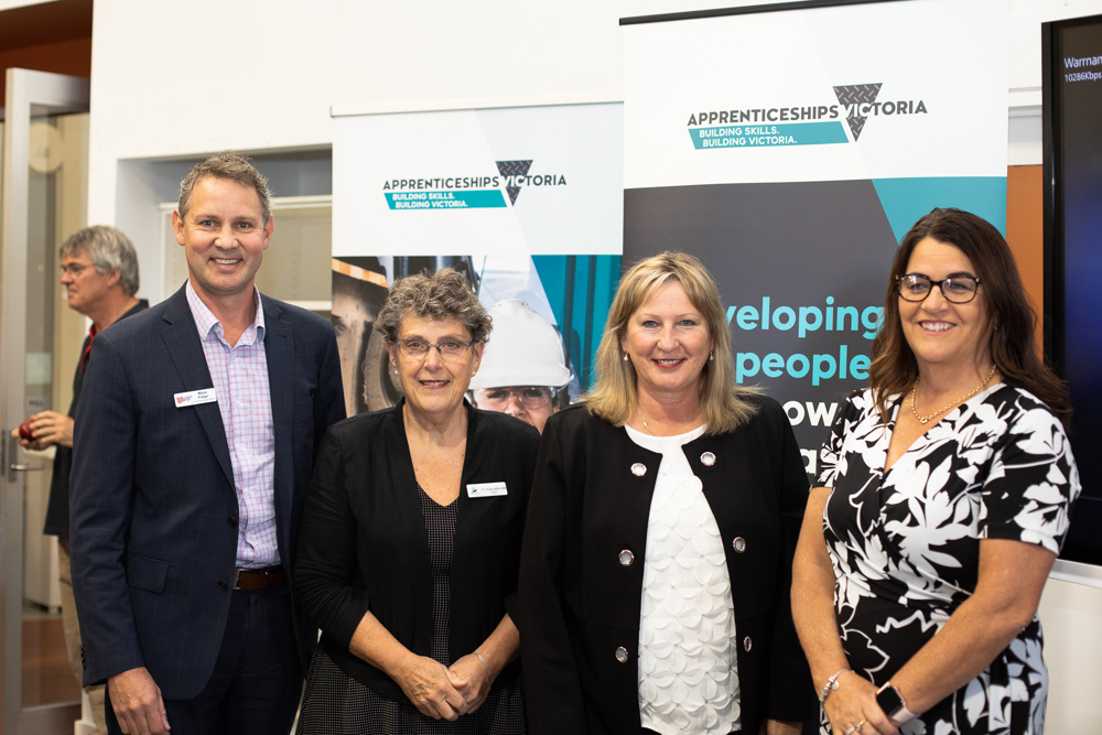The new Learning and Library Hub fly-through was unveiled. Pictured from left is South West TAFE CEO, Mark Fidge, Warrnambool City Council mayor, Vicki Jellie, Minister for Training and Skills, Gayle Tierney, and Member for South-west Coast, Roma Britnell.