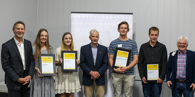 2021 Rotary Club of Warrnambool East First Year Apprentice Award winner and runner-ups from left: South West TAFE CEO, Mark Fidge, Runner-up, Millie Spence, winner, Chloe Graham, Rotary Club of Warrnambool East President, Cliff Heath, runner-up, Ciaran Lamond-Hallett, runner-up, Stuart De Bie, and Rotary Club of Warrnambool East Director of International Service, William Hewett.