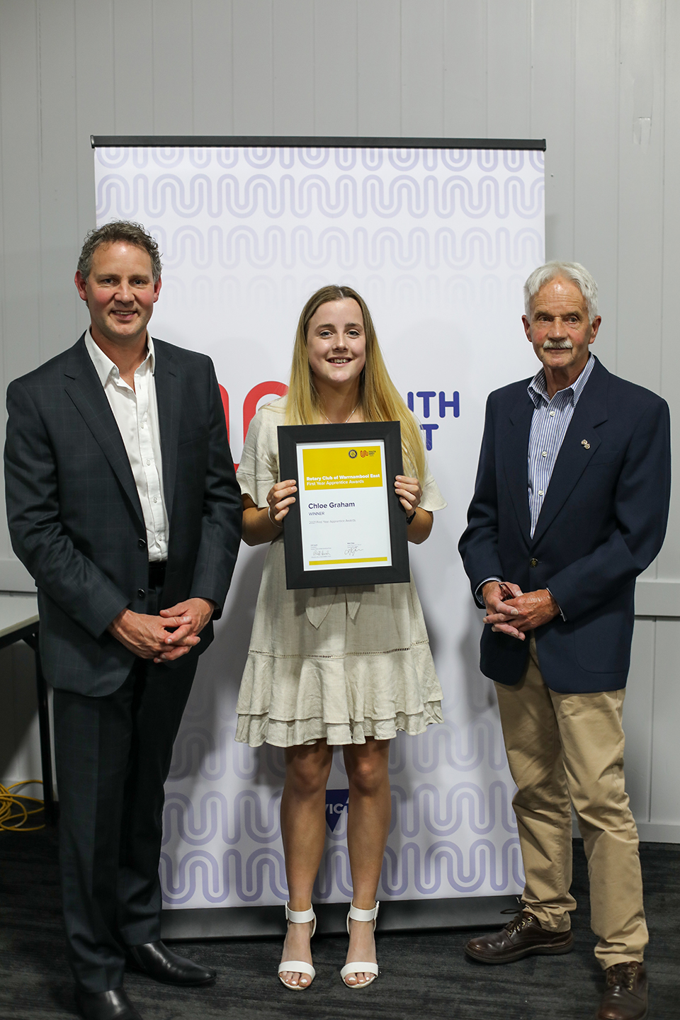 From left: South West TAFE CEO, Mark Fidge, 2021 Rotary Club of Warrnambool East First Year Apprentice Award winner, Chloe Graham, and Rotary Club of Warrnambool East President, Cliff Heath.