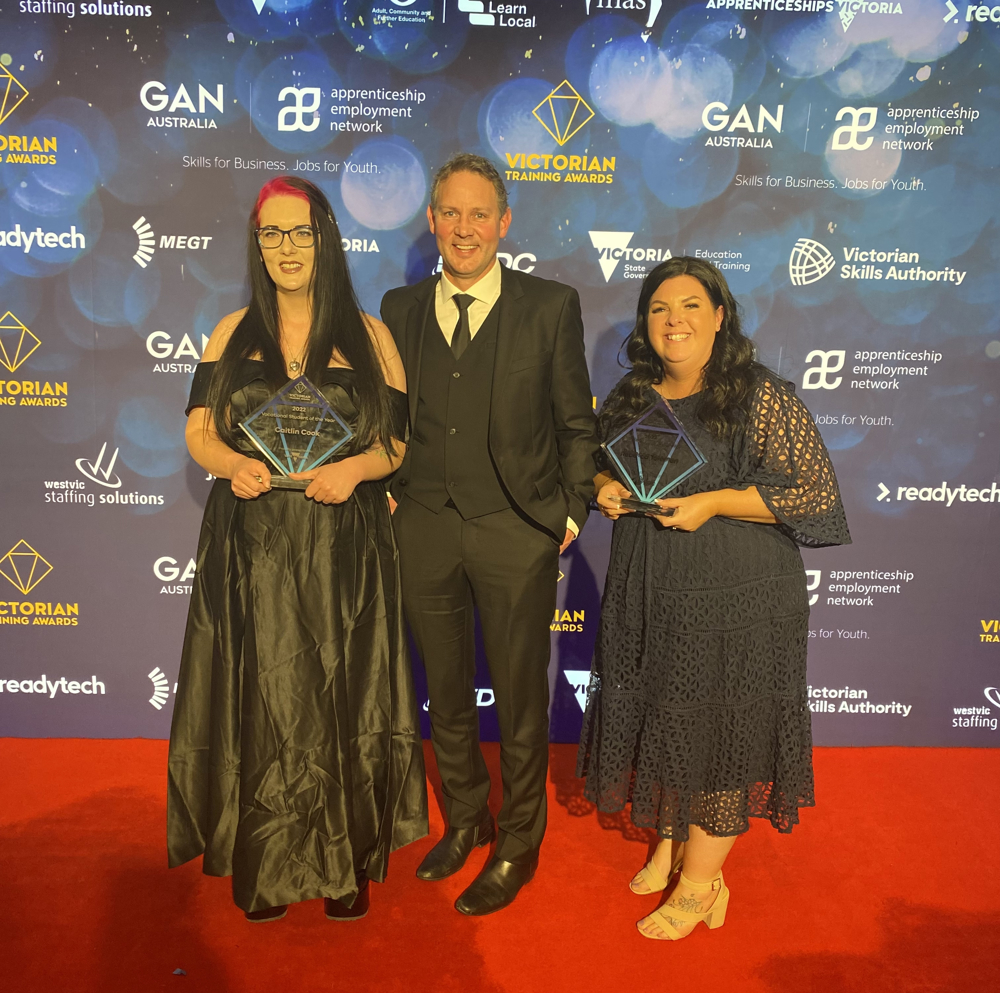 Nursing student Caitlin Cook (left) and agriculture Rebecca Toleman were recognised for their achievements at this year's Victorian Training Awards. They are pictured with SWTAFE CEO Mark Fidge.