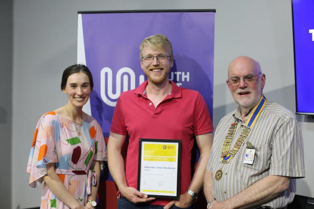 South West TAFE Executive Manager of Corporate Services Shannyn Martin, winner Alexander MacKenzie, Rotary Club of Warrnambool East President Jim Sawyer.